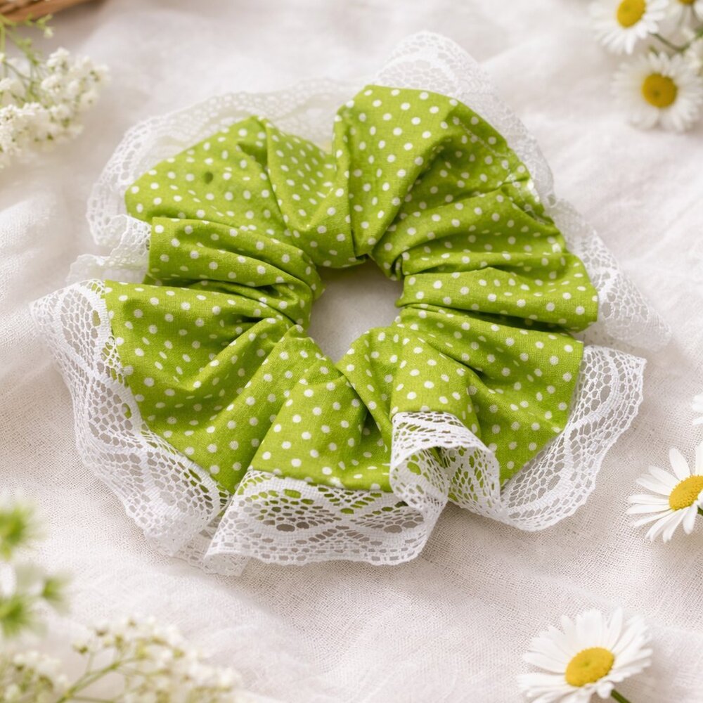 Green Polka Dot Cotton XXL Scrunchie with Lace